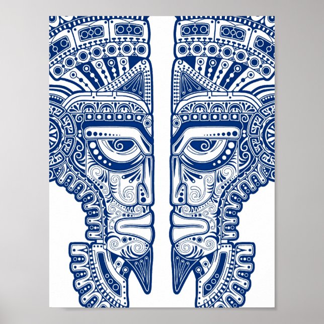 Pôster Blue Mayan Twins Mask Illusion on White (Frente)