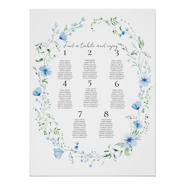 Pôster Blue Meadow Elegant Wildflower Wedding Seating  (Frente)