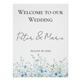 Pôster Blue Meadow Elegant Wildflower Wedding Welcome Dec