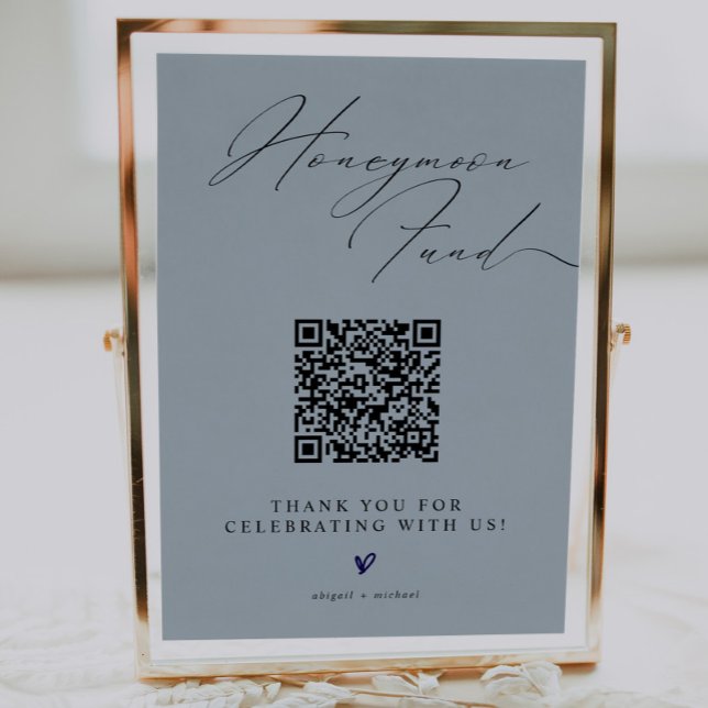 Poster Blue Minimalist Honeymoon Fund Sign with QR Code (Criador carregado)