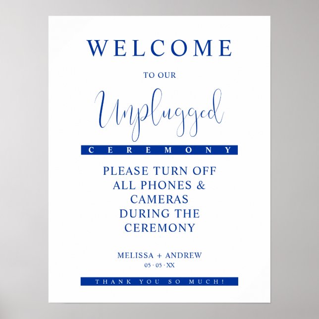 Poster Blue Minimalist Unplugged Wedding Sign (Frente)