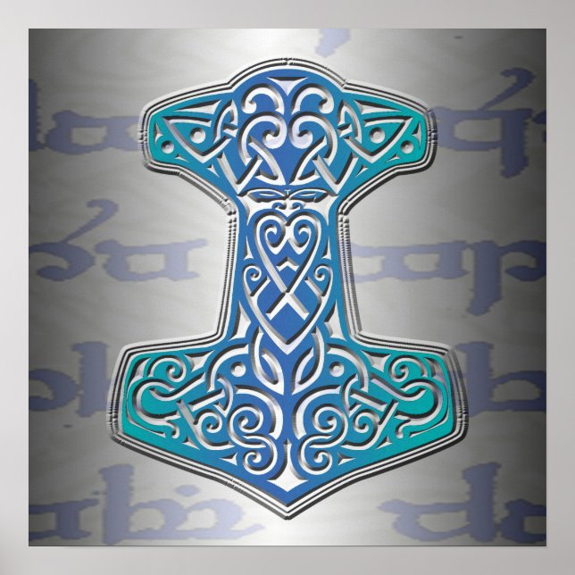 Pôster Blue Mjölnir em Tengwar (Frente)