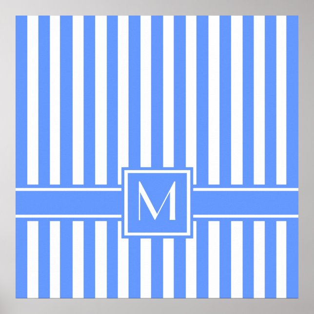 Pôster Blue Modern Stripe com Monograma (Frente)