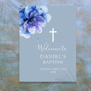 Poster Blue Modern Watercolor Floral Baptism Sinal de Boa