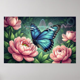Poster Blue Morpho Butterfly Floral Botanical Art
