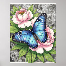 Poster  Blue Morpho Butterfly Floral Botanical Art 