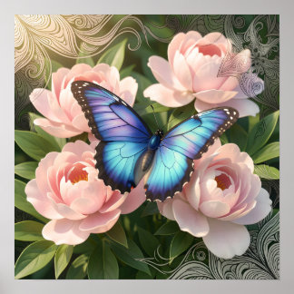 Poster Blue Morpho Butterfly Floral Botanical Art  Poste