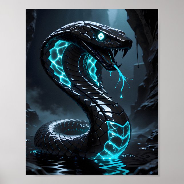 Poster Blue Neon Black Snake Glowing Cobra Fantasy (Frente)
