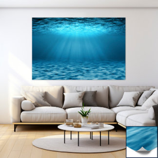 Poster Blue Ocean Underwater Scene with Sunlight Rays