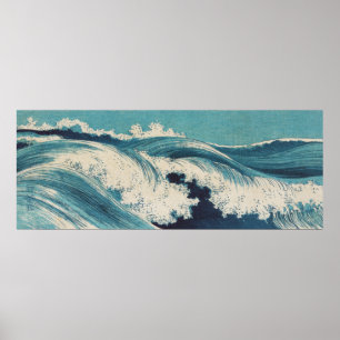Poster Blue Ocean Waves Woodcut