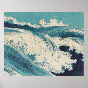 Poster Blue Ocean Waves Woodcut