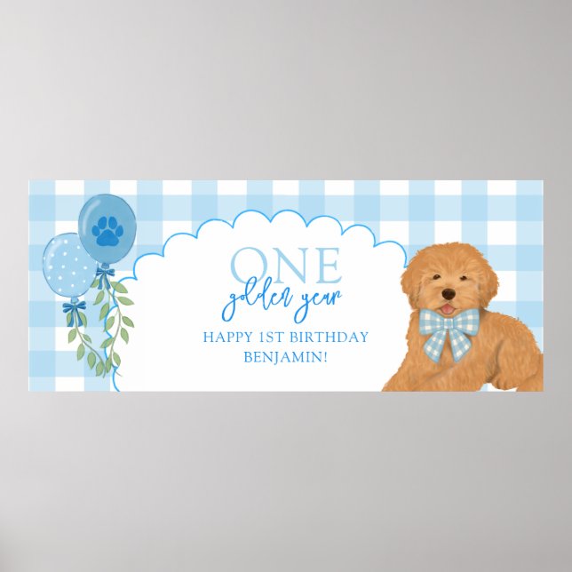 Poster Blue One Golden Year Doodle Puppy 1st Birthday (Frente)