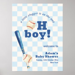 Poster Blue Plaid Slugger Baseball Baby Shower Welcome