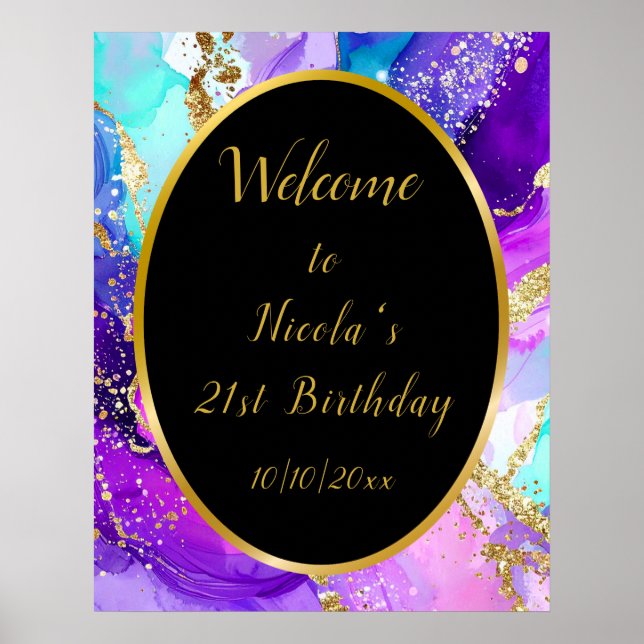 Poster Blue, Purple and Gold Ink Birthday Party Welcome (Frente)