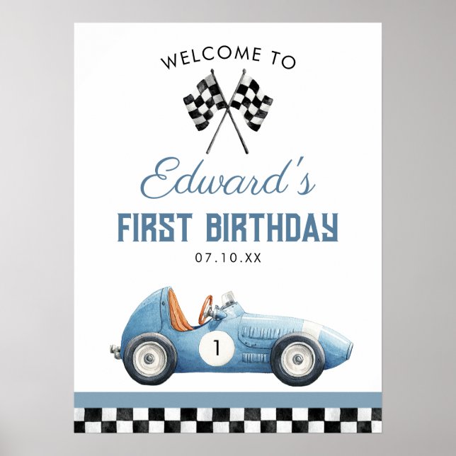 Poster Blue Race Car 1st Birthday Welcome Sign (Frente)