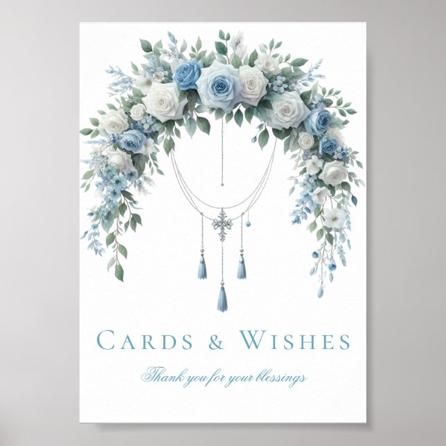 Poster Blue Rose & Silver Cross Baptism Cards & Wishes  (Frente)