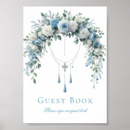 Poster Blue Rose & Silver Cross Baptism Guest Book Sign