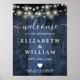 Poster Blue Rustic Wood String Light Weding Sinal de Boas