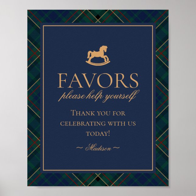 Poster Blue Tartan Plaid Rocking Horse Favors Sign (Frente)