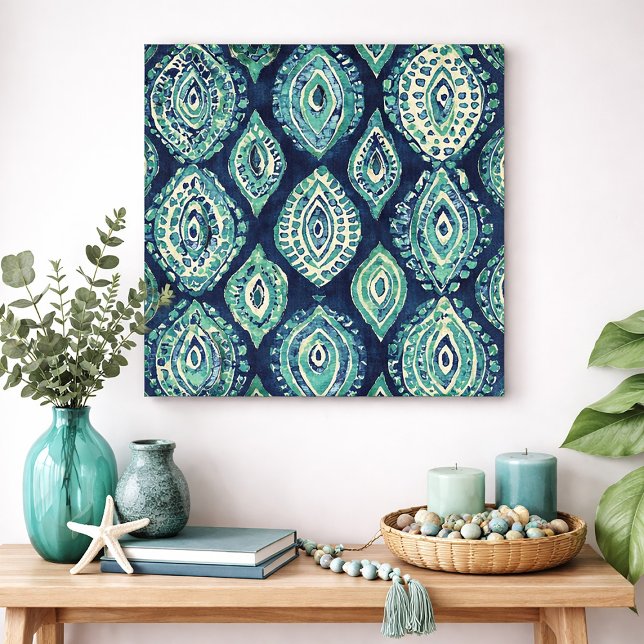 Poster Blue Teal Boho Ikat Medallion Pattern Modern Coast (Blue and green abstract wall art)
