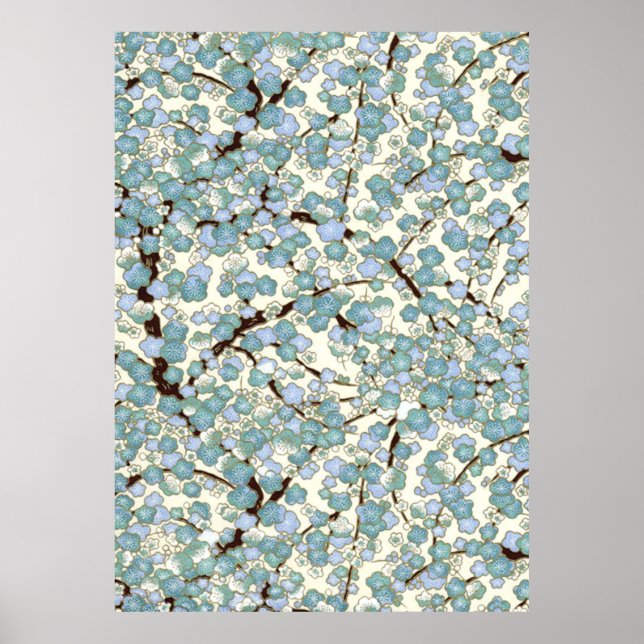 Poster Blue Teal Sakura Fine Japonês Kimono (Frente)