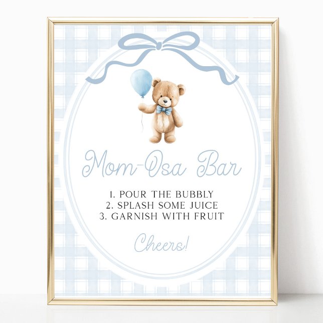 Poster Blue Teddy Bear Baby Shower Mimosa Bar Sign (Criador carregado)