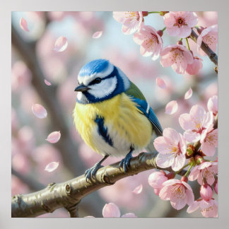 Poster  Blue Tit Bird on Cherry Blossom Tree Spring