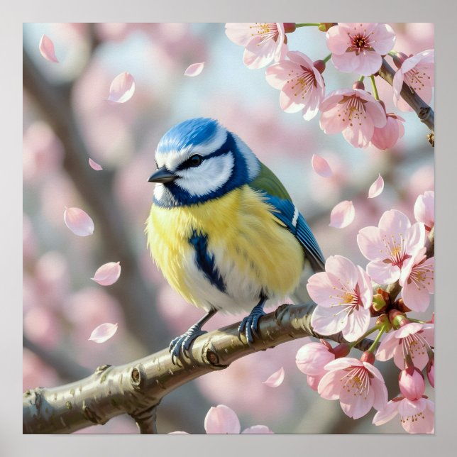 Poster  Blue Tit Bird on Cherry Blossom Tree Spring (Frente)