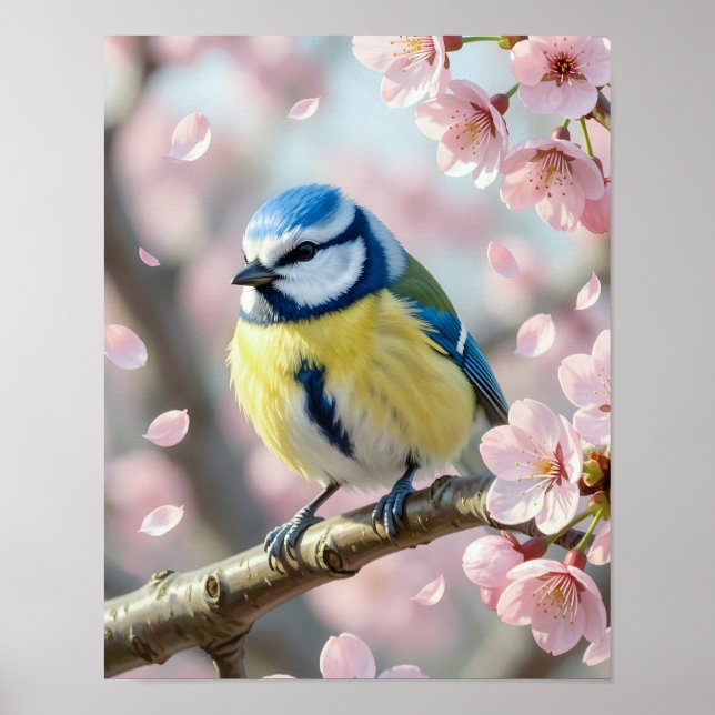 Poster  Blue Tit Bird on Cherry Blossom Tree Spring (Frente)