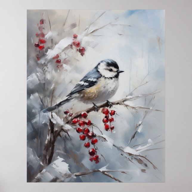 Poster Blue Tit Bird on Snowy Berries Winter Art (Frente)