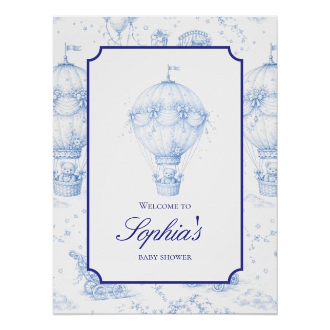 Pôster Blue Toile de Jouy Baby Shower Welcome Sign (Frente)