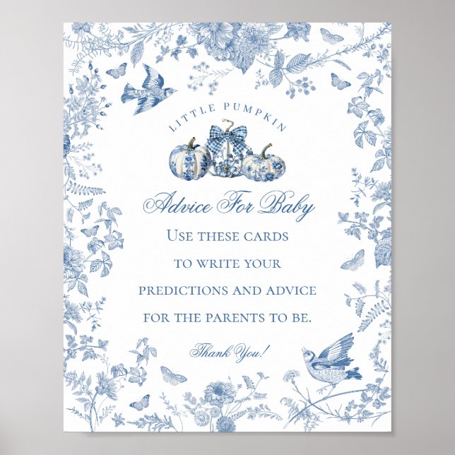 Poster Blue Toile Pumpkin French Fall Advice for Baby (Frente)