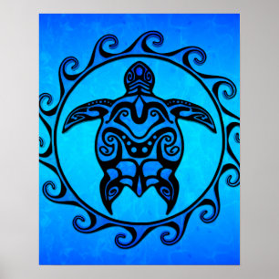 Pôster Blue Tribal Turtle Sun