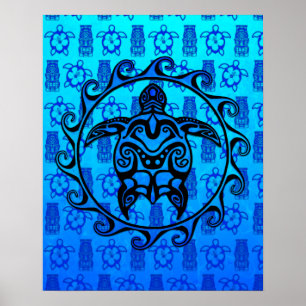 Poster Blue Tribal Turtle Sun