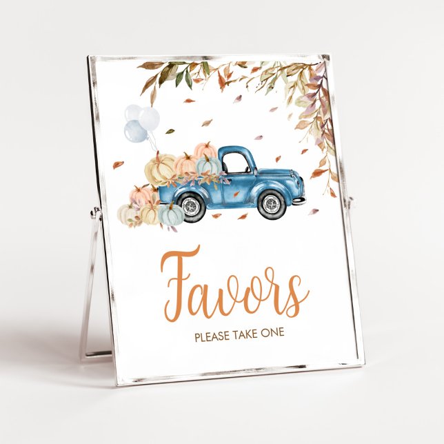 Poster Blue Truck Pumpkin Favorece Chá de fraldas (Boy Little Pumpkin Truck Baby Shower Favors Sign)