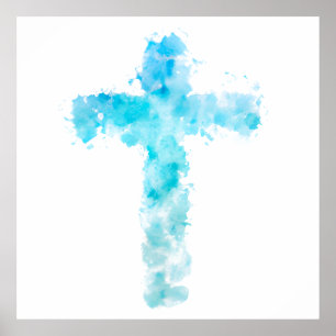 Poster Blue Watercolor Christian Cross