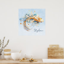 Blue Watercolor Dourado Peixe Koi Personalizado