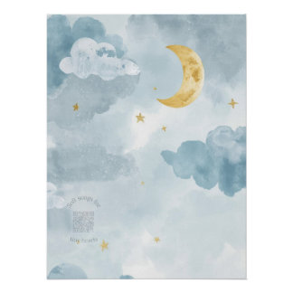 Pôster Blue Watercolor Moon Nursery Print with Playlist