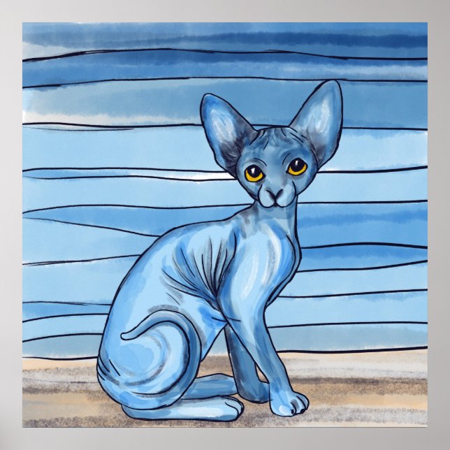 Poster Blue Watercolor Sphynx Cat (Frente)