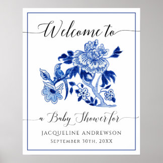 Poster Blue White Chinoiserie Floral Welcome Baby Shower