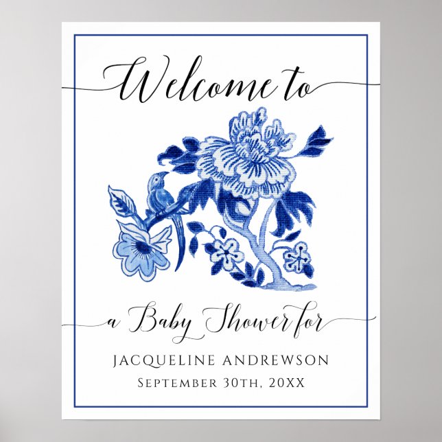 Poster Blue White Chinoiserie Floral Welcome Baby Shower (Frente)