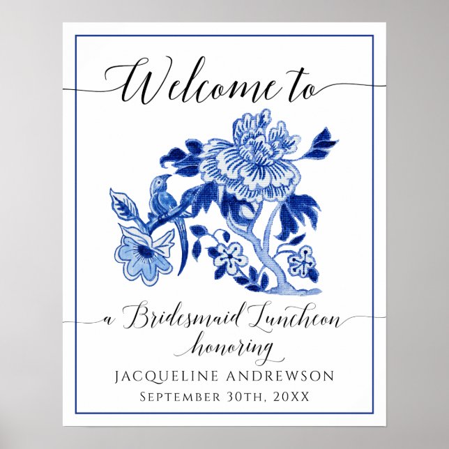 Poster Blue White Chinoiserie Floral Welcome Luncheon (Frente)