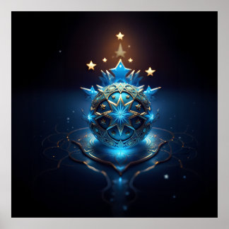 Poster Blue White Fractal Design With Stars