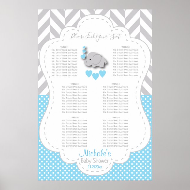 Poster Blue, White Gray Elephant - 6 Seating Chart (Frente)