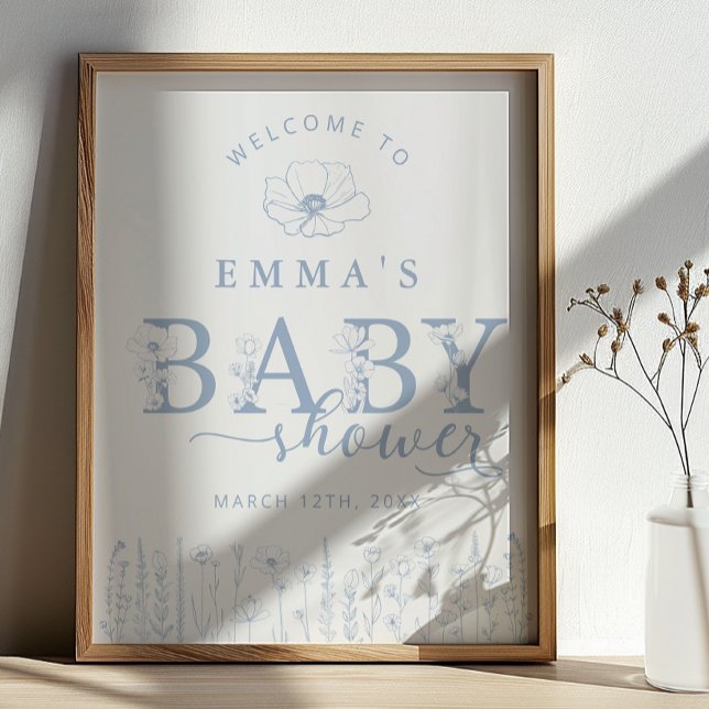 Poster Blue Wildflower Baby Shower Welcome Sign (Baby Shower Welcome Sign)