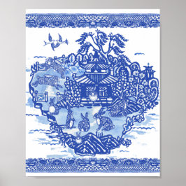 Poster Blue Willow Rabbit Island Whimical Oriental Art
