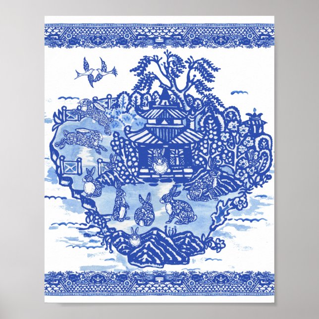Poster Blue Willow Rabbit Island Whimical Oriental Art (Frente)