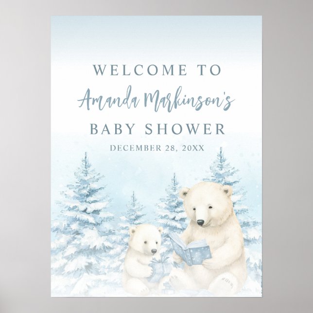 Poster Blue Winter Polar Bear Watercolor Welcome Sign (Frente)