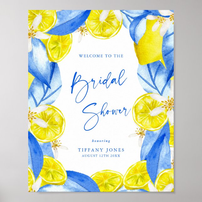 Poster Blue Yellow Lemons Bridal Shower Welcome Sign (Frente)