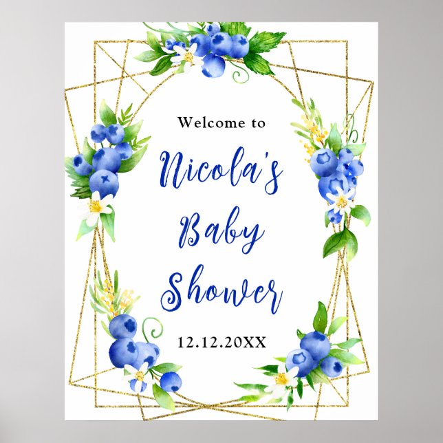 Poster Blueberry Floral Baby Shower Welcome (Frente)
